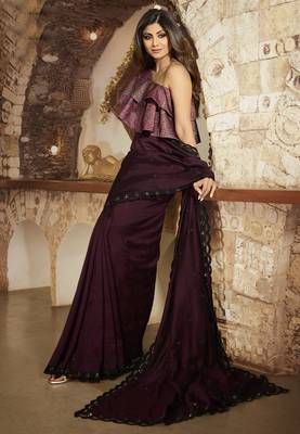 Wine Embroidered Fancy Fabric Bollywood Saree With Blouse 1