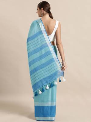 Blue plain linen saree with blouse 2