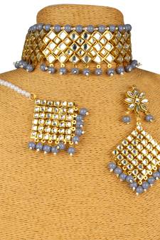 Grey Copper Kundan Gold Plated Necklace with Earring & Mang Tika