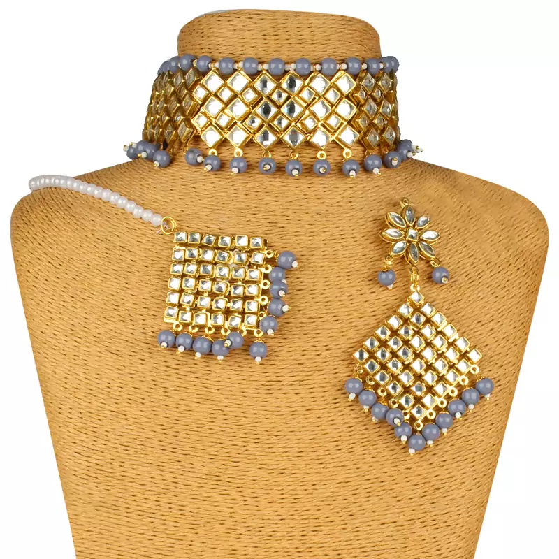Grey Copper Kundan Gold Plated Necklace with Earring & Mang Tika