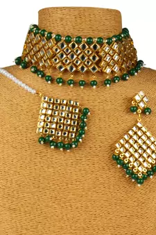 Green Copper Kundan Gold Plated Necklace with Earring & Mang Tika