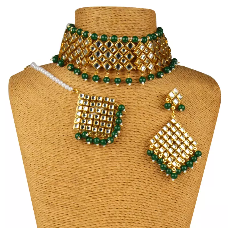 Green Copper Kundan Gold Plated Necklace with Earring & Mang Tika