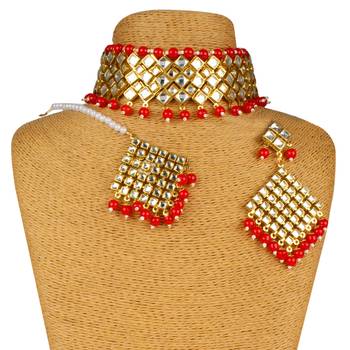 Red Copper Kundan Gold Plated Necklace with Earring & Mang Tika 1