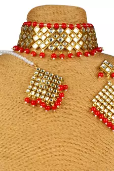 Red Copper Kundan Gold Plated Necklace with Earring & Mang Tika