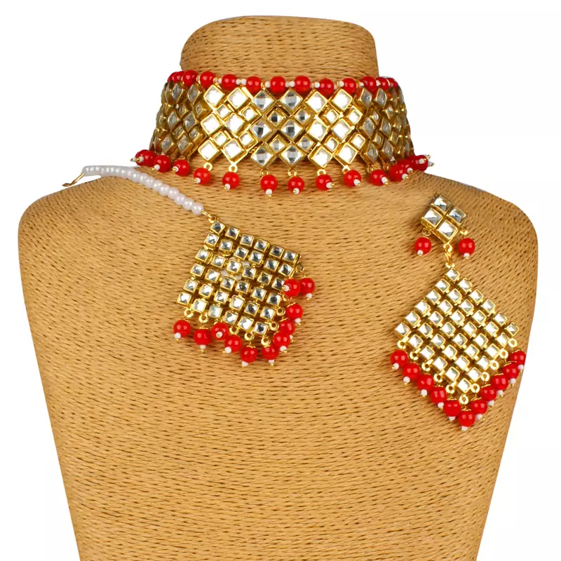 Red Copper Kundan Gold Plated Necklace with Earring & Mang Tika