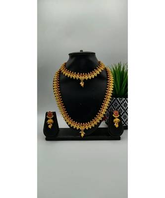 Gold Plated & Red Stone Studed South Indian Traditional Necklace Jewellery Set Combo For Women 2