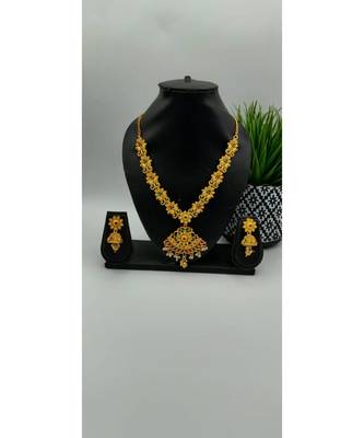 Gold Plated Pink & Green Stone Studded Jewellery Set 2