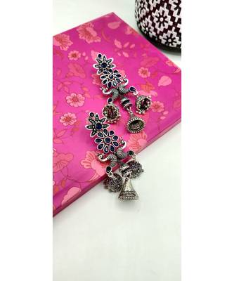 Silver Oxidized Peacock Shaped Blue Stone Studded Drop Earrings 2