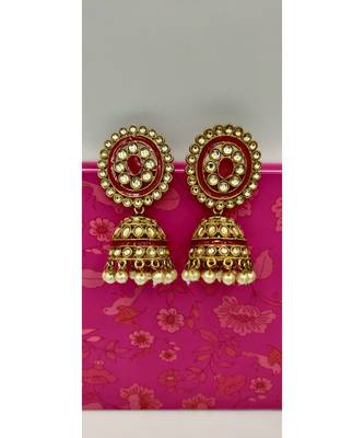 Red Dome Shaped Stone Studded Enamelled Jhumkas 2