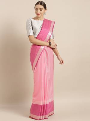 Pink plain linen saree with blouse 1