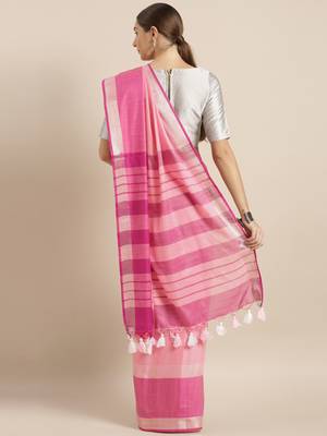 Pink plain linen saree with blouse 2