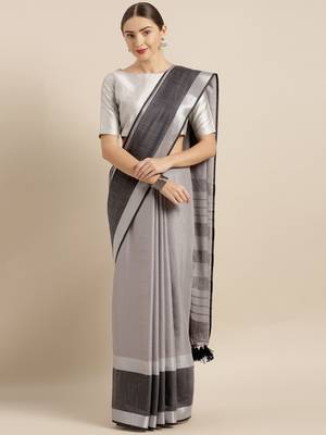 Grey plain linen saree with blouse 1