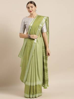 Light green plain linen saree with blouse 1