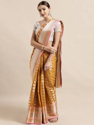 Mustard woven silk blend saree with blouse 1