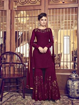 Dark-magenta golden print faux georgette salwar 1