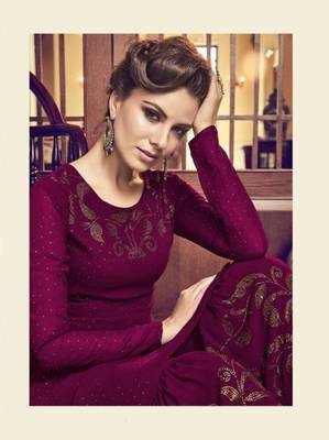 Dark-magenta golden print faux georgette salwar 2