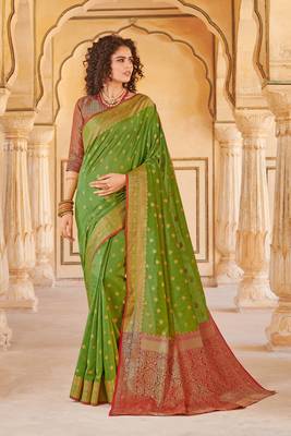 Parrot Green Handloom art silk Jacquard saree with blouse 1