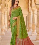 Parrot Green Handloom art silk Jacquard saree with blouse