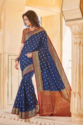 Navy Blue Handloom art silk Jacquard saree with blouse 1