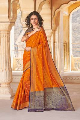 Mustard Yellow Handloom art silk Jacquard saree with blouse 1