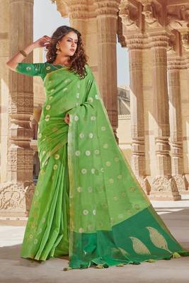 Light Green Linen Cotton Zari Work saree with blouse 1