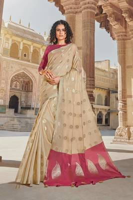 Cream Linen Cotton Zari Work saree with blouse 1