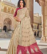 Cream Linen Cotton Zari Work saree with blouse