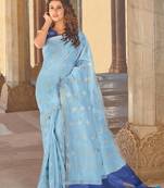 Sky Blue Linen Cotton Zari Work saree with blouse