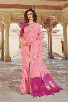 Light Pink Linen Cotton Zari Work saree with blouse 1