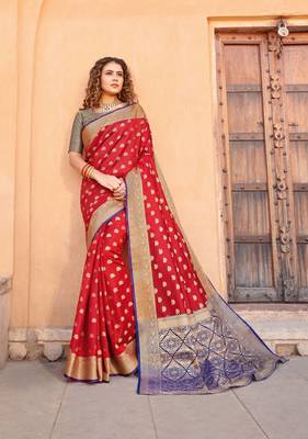 Red Handloom art silk Jacquard saree with blouse 1