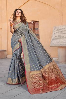 Grey Handloom art silk Jacquard saree with blouse 1