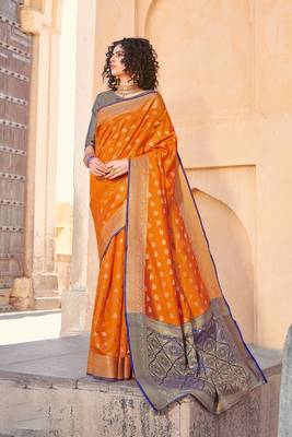Mustard Yellow Handloom art silk Jacquard saree with blouse 1