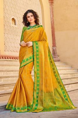 Yellow art silk Jacquard saree with blouse 1