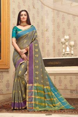 Grey Cotton Handloom Woven Work saree with blouse 1
