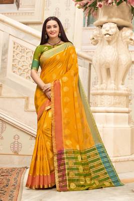 Yellow Cotton Handloom Woven Work saree with blouse 1