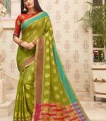 Mehendi Green Cotton Handloom Woven Work saree with blouse