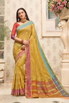 Beige Cotton Handloom Woven Work saree with blouse 1
