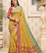 Beige Cotton Handloom Woven Work saree with blouse