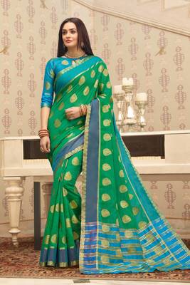 Green Cotton Handloom Woven Work saree with blouse 1