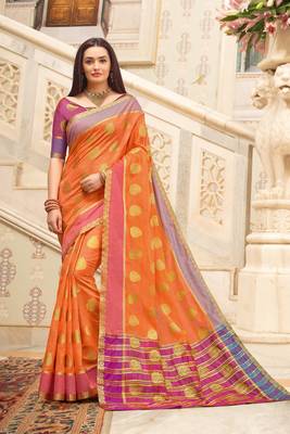 Orange Cotton Handloom Woven Work saree with blouse 1