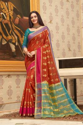 Rusk Red Cotton Handloom Woven Work saree with blouse 1