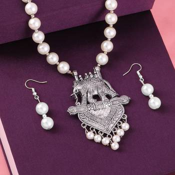 Silver Plated Elephant Shape Pendant Pear Mala Set For Girl Women 1