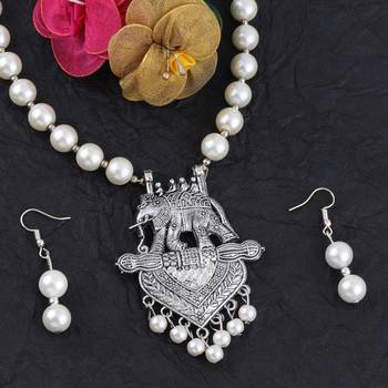 Silver Plated Elephant Shape Pendant Pear Mala Set For Girl Women 2