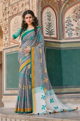 Grey Linen Cotton Thread Work saree with blouse 1