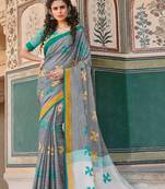 Grey Linen Cotton Thread Work saree with blouse
