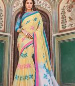 Light Yellow Linen Cotton Thread Work saree with blouse