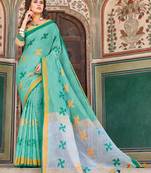 Green Linen Cotton Thread Work saree with blouse