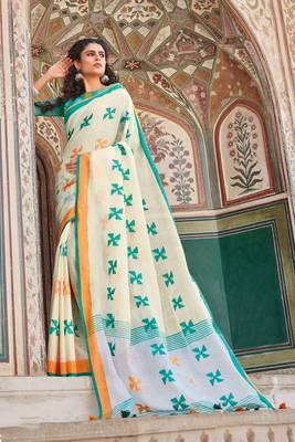 Off White Linen Cotton Thread Work saree with blouse 1