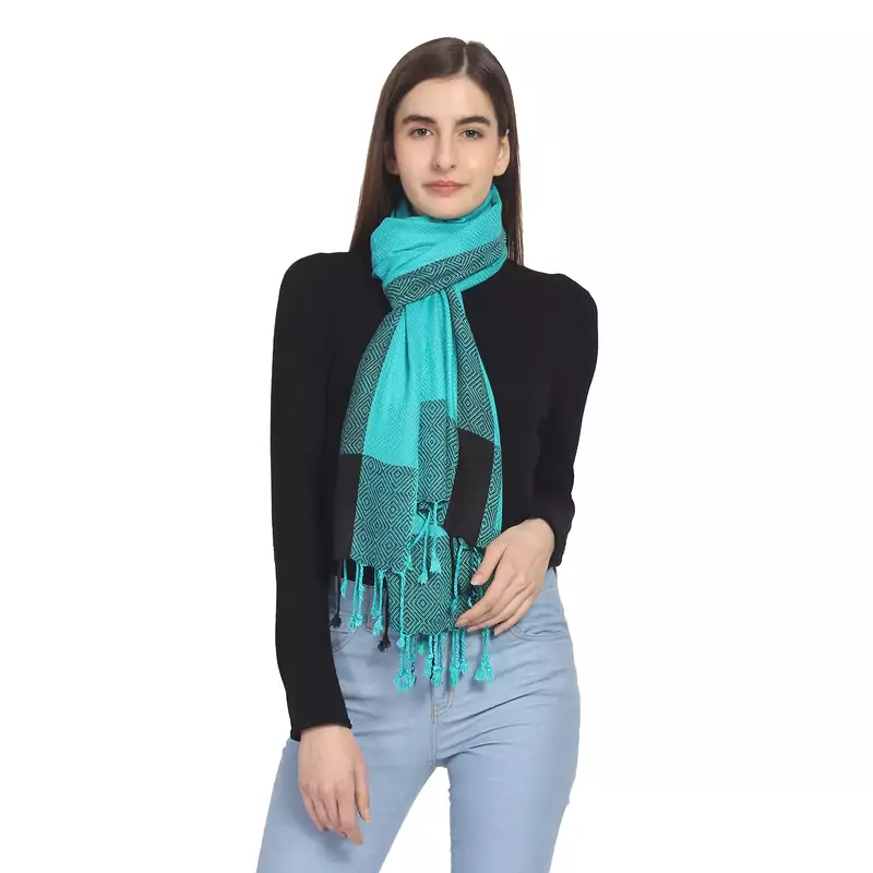 Teal & Black Woven Geometric Viscose Rayon Stole