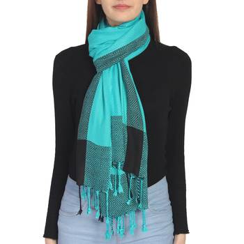 Teal & Black Woven Geometric Viscose Rayon Stole 2